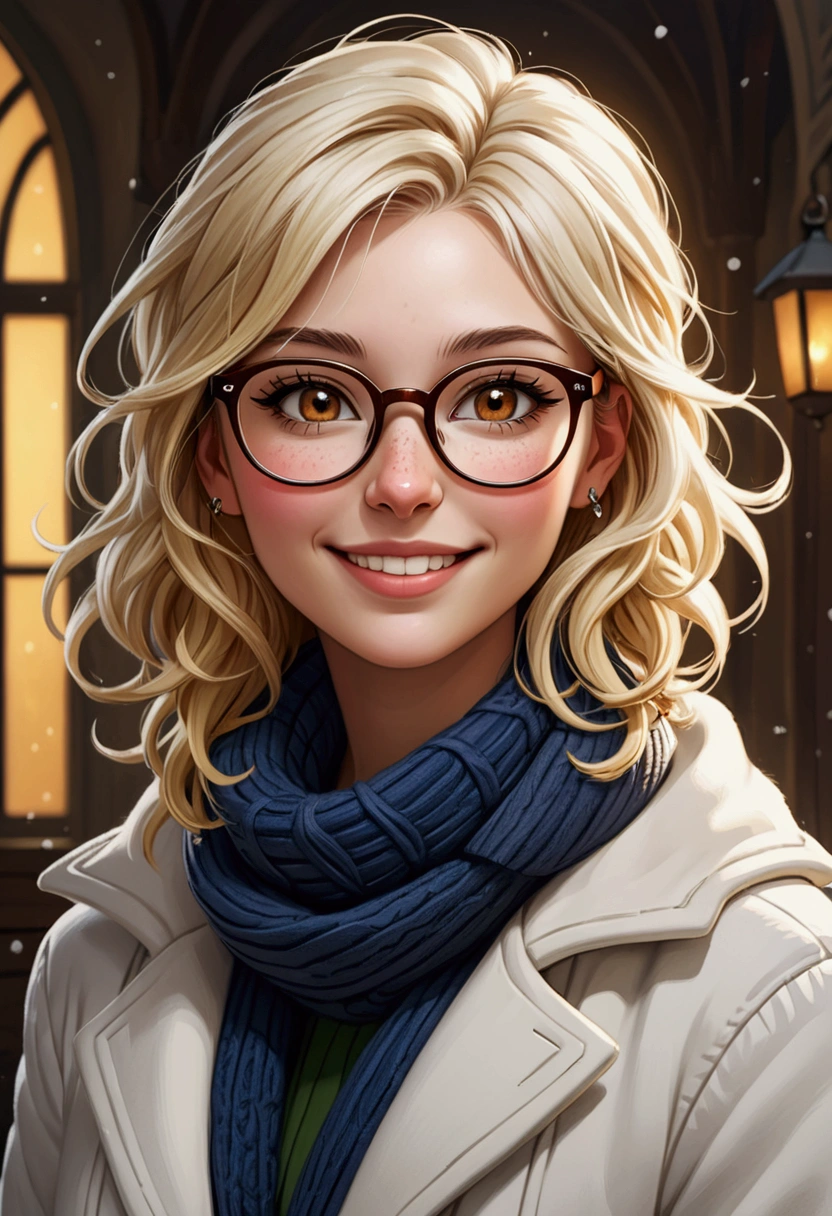 A beautiful white skinned girl, with cold clothes, wearing glasses, hair with blonde highlights, Grinning, brown eyes and pierced nose