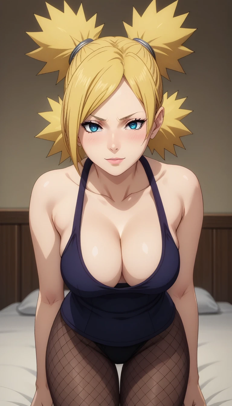 score_9, score_8_up, score_7_up, source_anime, anime screencap, one_piece_style, clear eyes, mature female, Temari Nara, blonde hair, blue eyes, eyes without pupils, medium erected breasts, perfect model body, mesh top erected tits, mesh leggings, black thong, mesh stockings, lewd look, blush, cleavage, bedroom, seductive pose