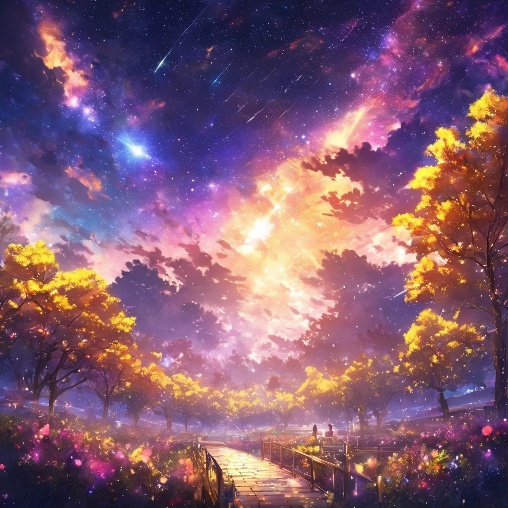 masterpiece, Concept Art, Panorama, in the center, shape, Wide Shot, night, (meteor), Space galaxy background, (Great composition, Epic scale), ((No living organisms))、 ((There are no trees))、meteor群, Dynamic Lighting, Bright colors, Mimosa ,landscape、The entire starry sky of the galaxy， garden, 広大なnight空、darkness