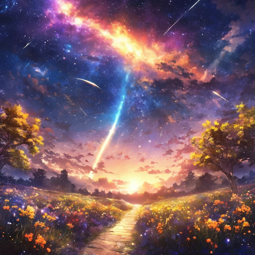 masterpiece, Concept Art, Panorama, in the center, shape, Wide Shot, night, (meteor), Space galaxy background, (Great composition, Epic scale), ((No living organisms))、 ((There are no trees))、meteor群, Dynamic Lighting, Bright colors, Mimosa ,landscape、The entire starry sky of the galaxy, garden, 広大なnight空、darkness