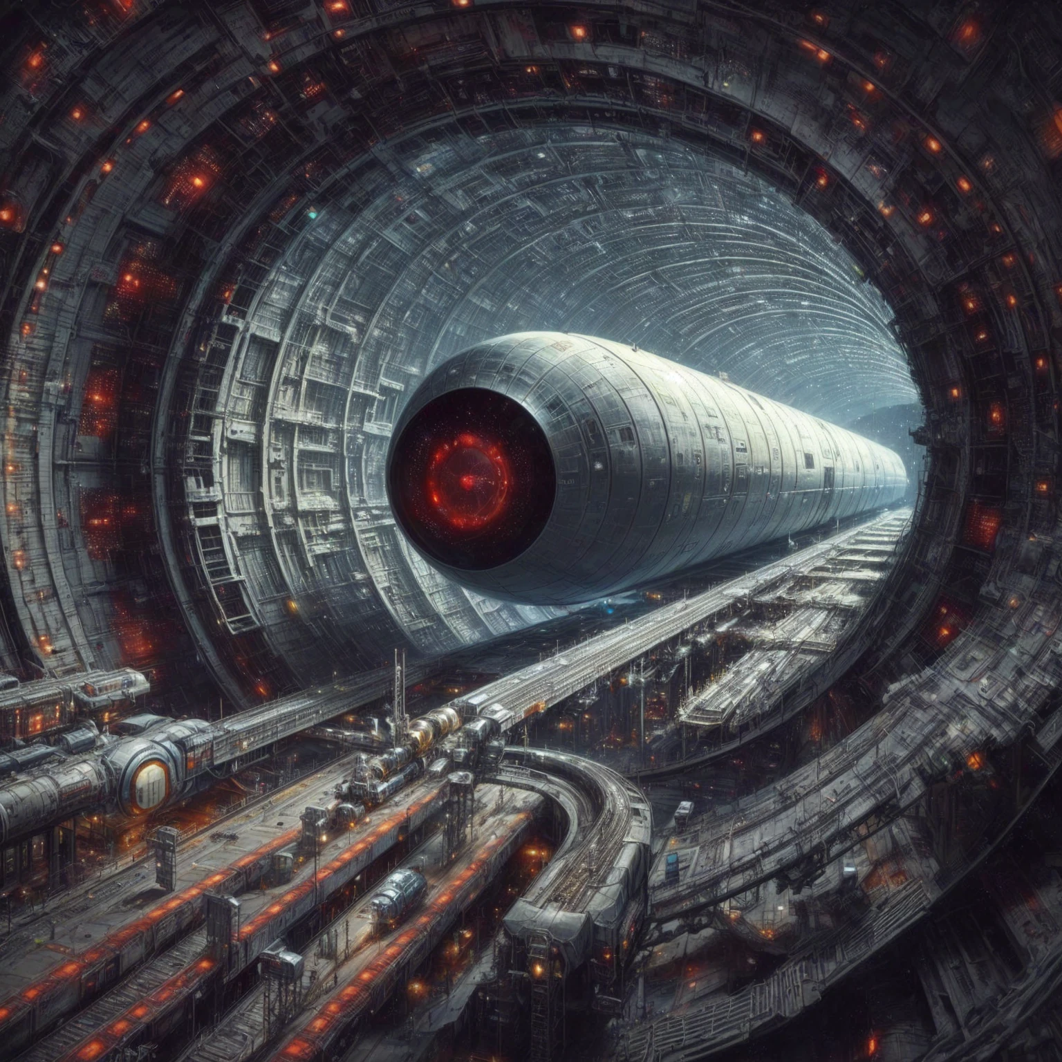 arafed view of a futuristic space station with a train coming out of it, detailed sci-fi art, scifi art, sci fi artwork, science fiction art, award winning scifi art, sci fi art, science fiction art ], dark sci-fi art, sci - fi artwork, sci-fi artwork, ancient science fiction art, futuristic space port, futuristic art