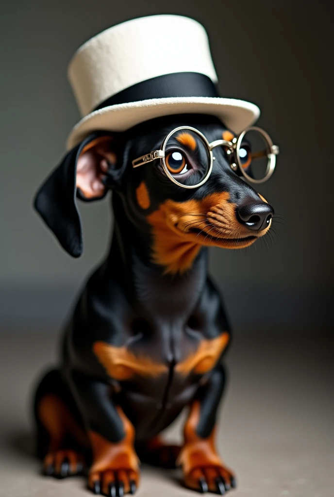 Black Dachshund,  wearing steam punk style glasses, white top hat with black stripe, side photo with snout slightly close to the camera, looking to the right
