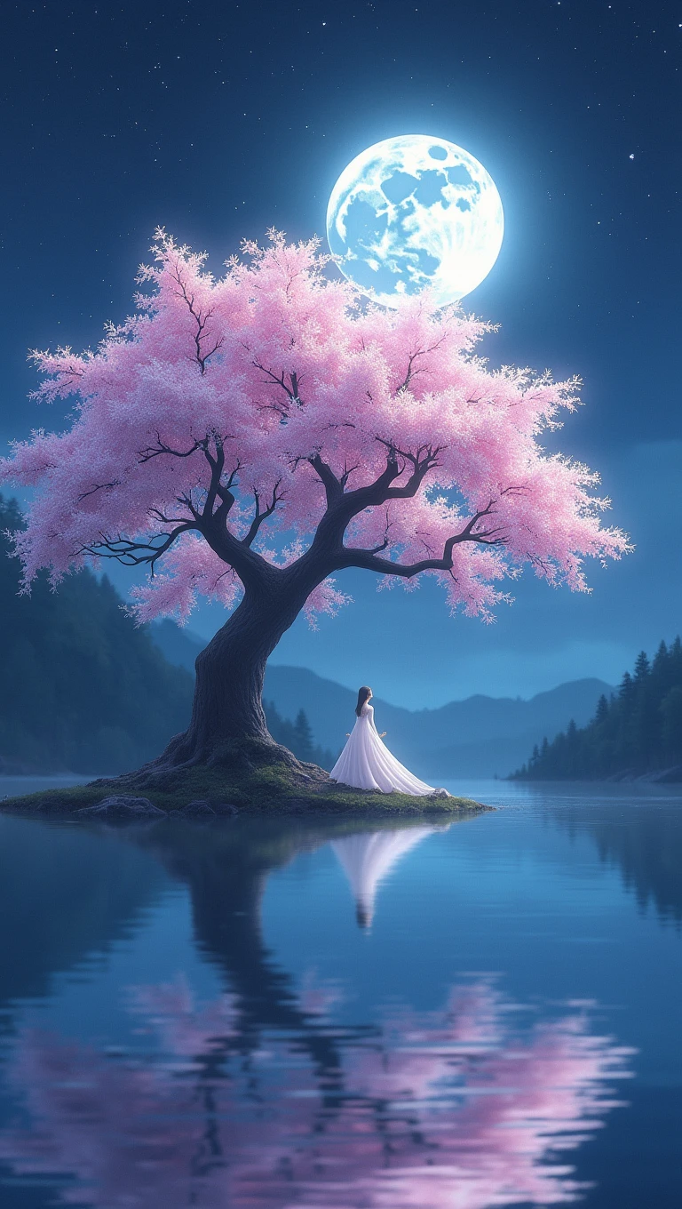 A cherry tree with the moon in the background, A lake in which reference is made to the moon and Mitsuri.