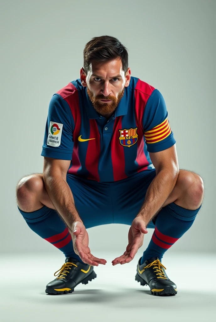 Messi type making a presentation gesture like Will Smith&#39;s but crouching with the Boca Juniors shirt on