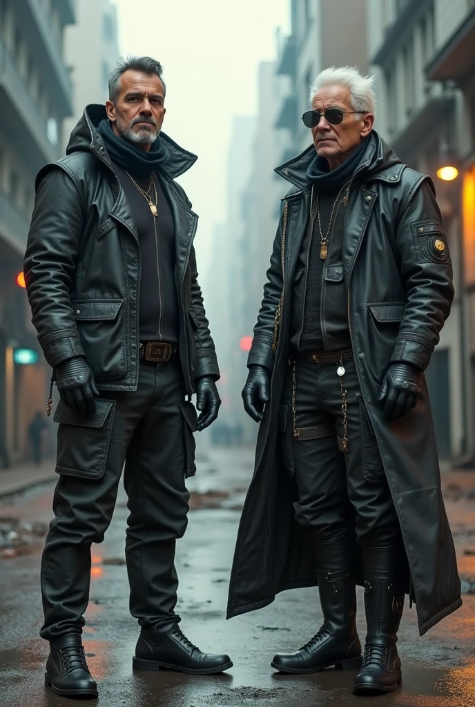 4 images of two guys like 50 years old on a cyberpunk style like superheroes on an apocalyptic enviroment one with black little hair ,the other taller White short hair