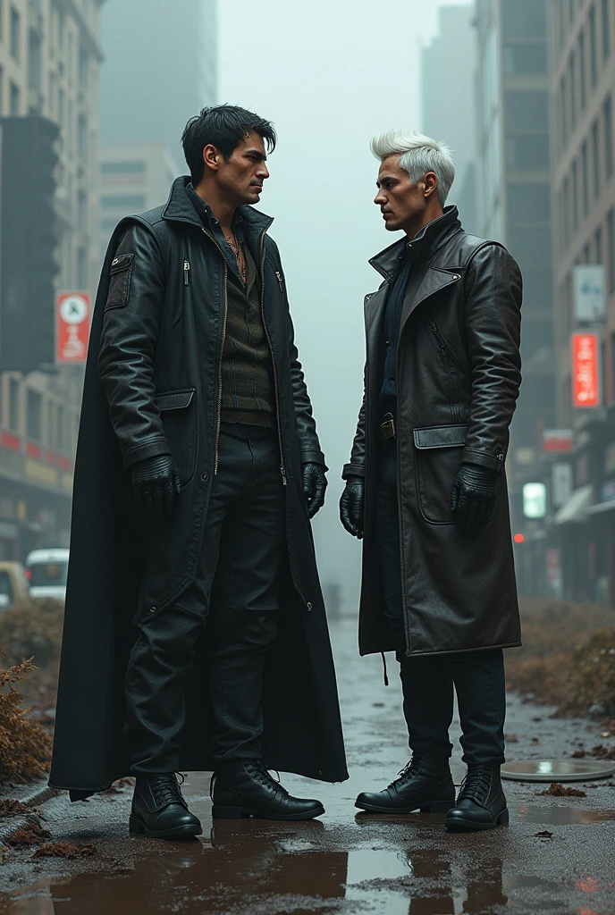 4 images of two guys like 50 years old on a cyberpunk style like superheroes on an apocalyptic enviroment one with black little hair ,the other taller White short hair 