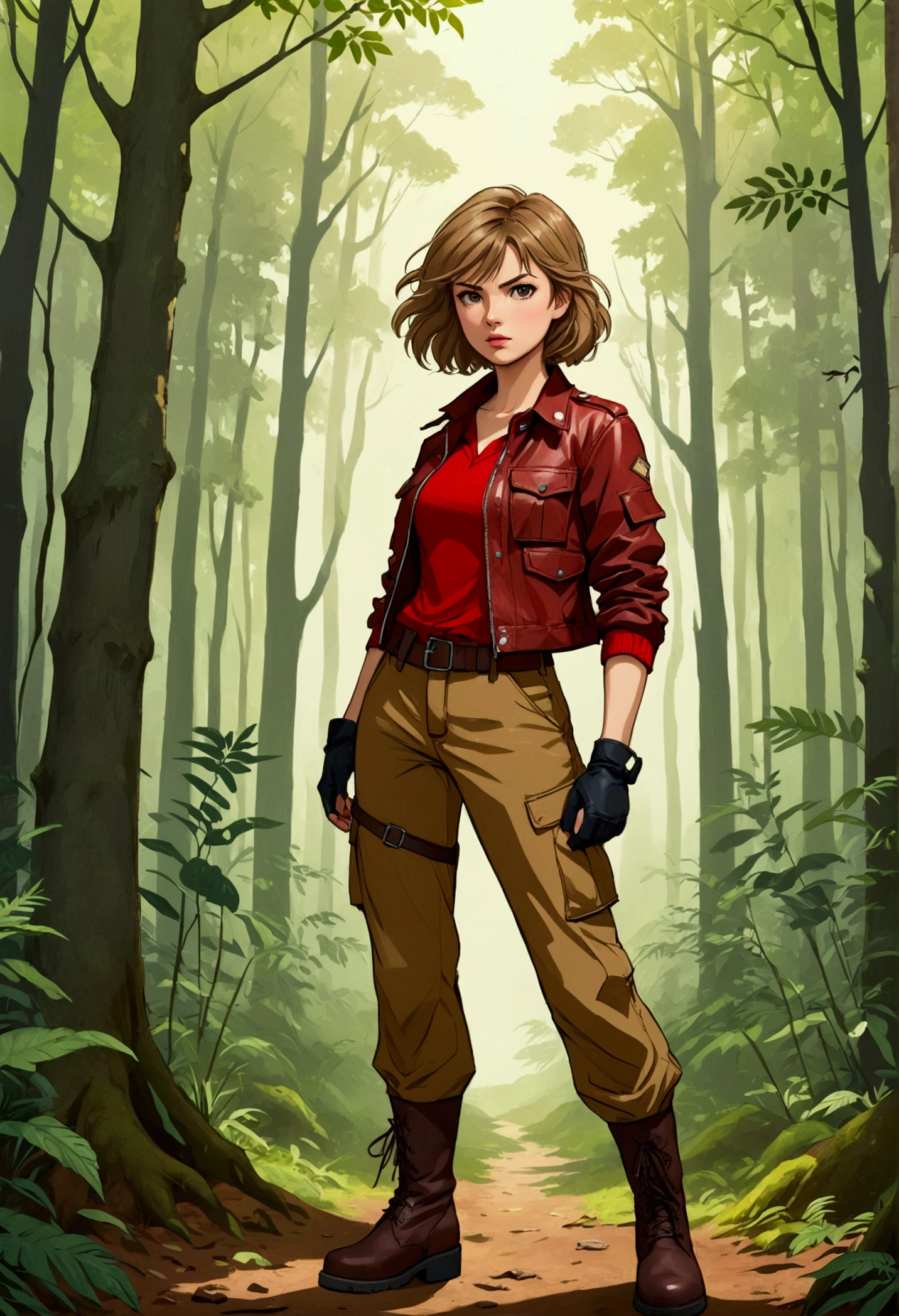 Beautiful young woman, British Sarah Kay style with semi-short light brown hair, dressed in a red shirt and a brown leather jacket, wearing khaki cargo pants and dark boots, stands in a forest in a ready-to-fight attitude, illustration, realistic, anime, photography, poster, fashion, portrait photography