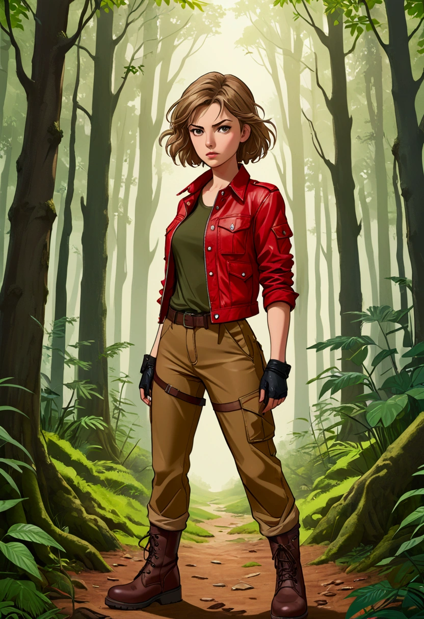 Beautiful young woman, British Sarah Kay style with semi-short light brown hair, dressed in a red shirt and a brown leather jacket, wearing khaki cargo pants and dark boots, stands in a forest in a ready-to-fight attitude, illustration, realistic, anime, photography, poster, fashion, portrait photography