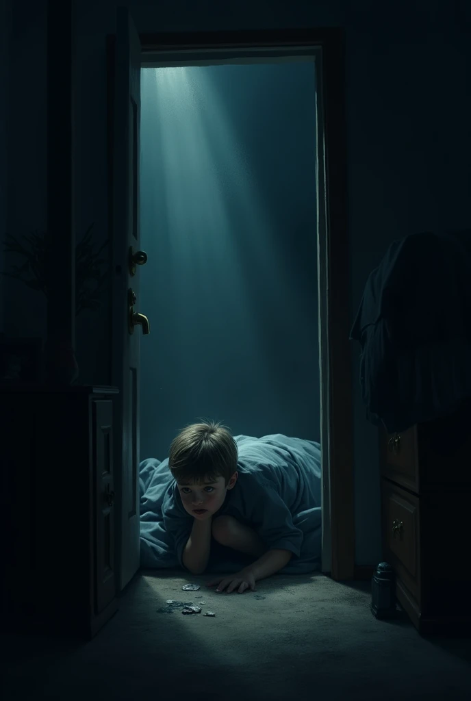 A dark room with the door open and a scared boy under the bed, The door should be visible open, with only the light from the doorway entering the room. The image should have an inside-out view of the room. 
