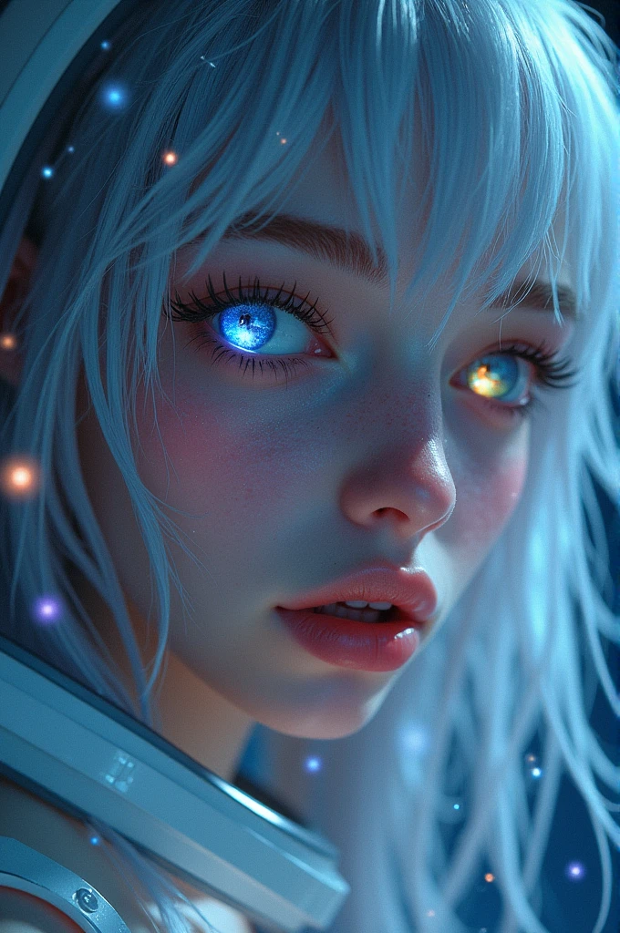 (Close-up of a better masterpiece:1.5)0.9], (Space and astronauts:1.2) (Messy silver hair:1.1) (Heterochromia xanthochromia and blue eyes:1.2) (Space Helmet:1.0) (Colored stars in the eyes:1.0) (A radiant glow:1.1) (thick lips:0.9)