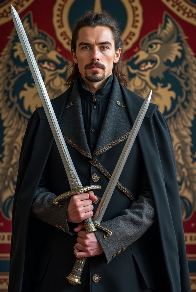 a man in Victorian-era clothing. with goatee and tied hair. holding a saber-type sword with hand guard and a short sword. the swords are magical and a silver thread of electricity runs through the blade. the man appears to be a fast and skilled warrior. a sword in, EVERY HAND. in the background a tapestry with the family coat of arms, which would be two wolf heads facing each other with the letter W in the center.