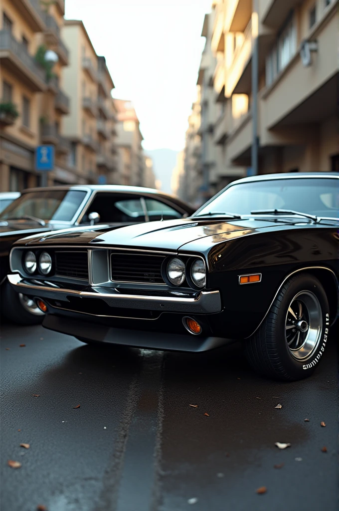Crie a imagem de um carro ford maverick 1976 preto ao lado de um dodge charger 1970 preto.