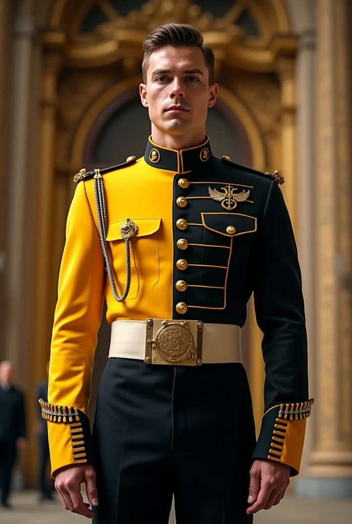 a long-sleeved men&#39;s marching band uniform with one side in yellow and the other in black, with buttons. With detail of the string on the left side. With a high collar with a military style design with cuts on the sides of the uniform