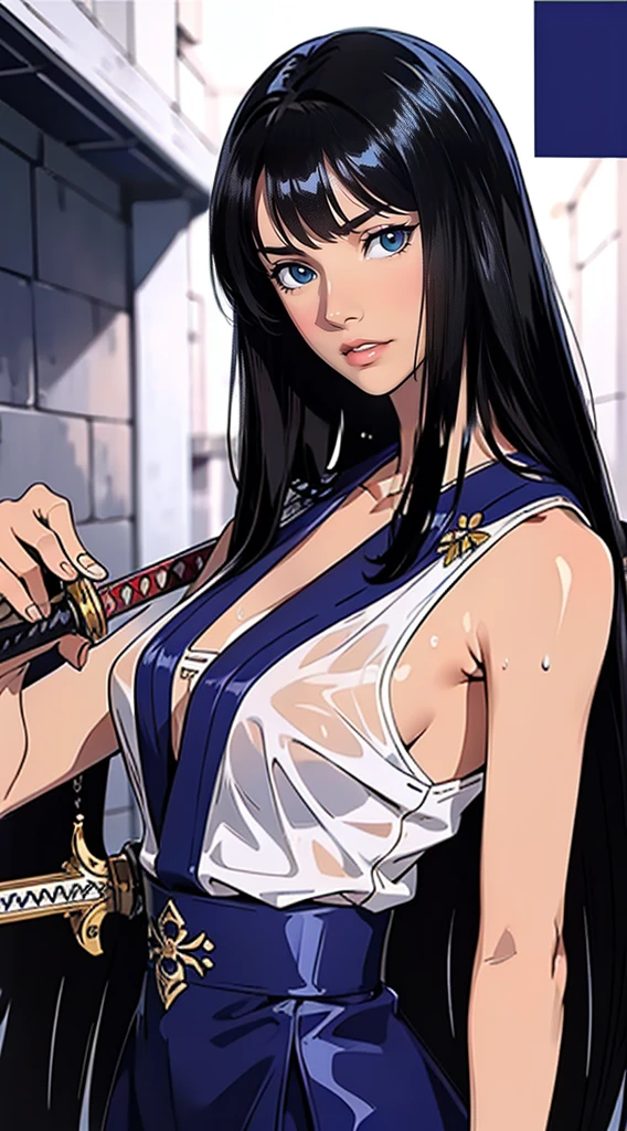  (best quality: 1.2), clean face, (masterpiece: 1.2, 8k) perfect anatomy, 1girl,a beautiful fashion model ,(masterpiece, official art, best quality ,long and shiny hair,, ，Bigchest，Revealing Outfit， Wet straight hair， Sweating profusely，best qualtiy，ultra - detailed，facing at camera，A high resolution，ultra - detailed），Very long hair，Combat posture，Sword in one hand, blunt bangs