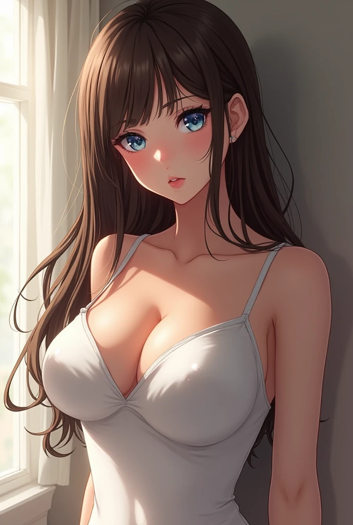 Generate a cute realistic anime girl, with huge breasts, long brown hair, blue eyes, wearing a tight camisole White 