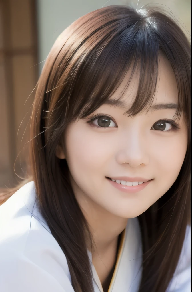 best quality, face focus, soft light, ultra high res, (photorealistic:1.4), RAW photo,(Shinozaki Ai), white skin, kawaii, 1 Japanese girl, solo, cute, (smile), (pupil, lights in the eyes), detailed beautiful face, busty,(high resolution detail of human skin texture), long hair,(portrait), upper body, white traditional kimono, bedroom, fuller figure