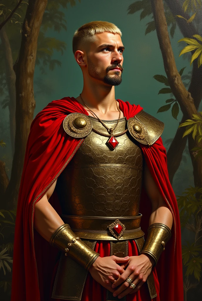 {{Masterpiece, best quality, oil painting, by Gustav Klimt, by Franz von Stuck, by Gustave Moreau, muted colors, male focus}}, (((((dramatic half body portrait of a 40 years old male ancient Roman Emperor, solemn, valiant, tall, upright, brown skin, skinny, blonde, smiling, goatee, buzzcut))))). ((((he is wearing a brown and red, silk, Roman uniform, scale armor lorica, made of sheen alligator leather, with Praetorian inspired elements, ronin inspired elements, wearing a large red diamond shape pendant)))). Jungle background
