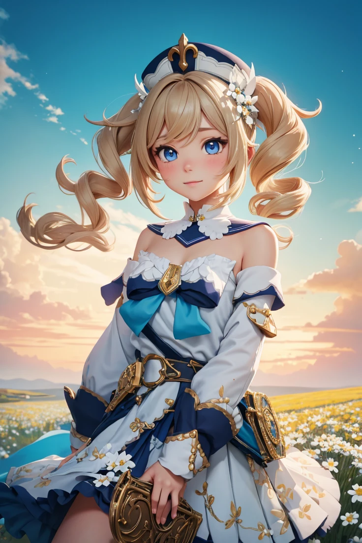 {Charming anime girl with wavy, light brown hair adorned with white floral accessories and a navy blue hat with golden accents, her bright blue eyes sparkle with delight:0.9}, {She wears a whimsical sailor dress in pristine white with navy blue and golden trim, a large bow with a cross motif at the collar, and a decorative blue sash around her waist. The outfit is embellished with intricate gold detailing and small charms, evoking a sense of enchantment:0.8}, [Set against a serene, early evening sky with gentle hues of blue and orange merging at the horizon, over a vibrant meadow blooming with white daisies, creating a peaceful and idyllic setting:0.7}, {The artwork is rendered in a clear and vivid anime style, capturing the soft textures of her hair and the delicate fabric of her dress, while the background blends a painterly touch to emphasize the magical, almost storybook quality of the scene:0.9},
{The overall composition is bright and airy, with a focus on high dynamic range that accentuates the light filtering through her hair and the reflective qualities of her eyes, enhancing the youthful and optimistic aura of the character:0.8}