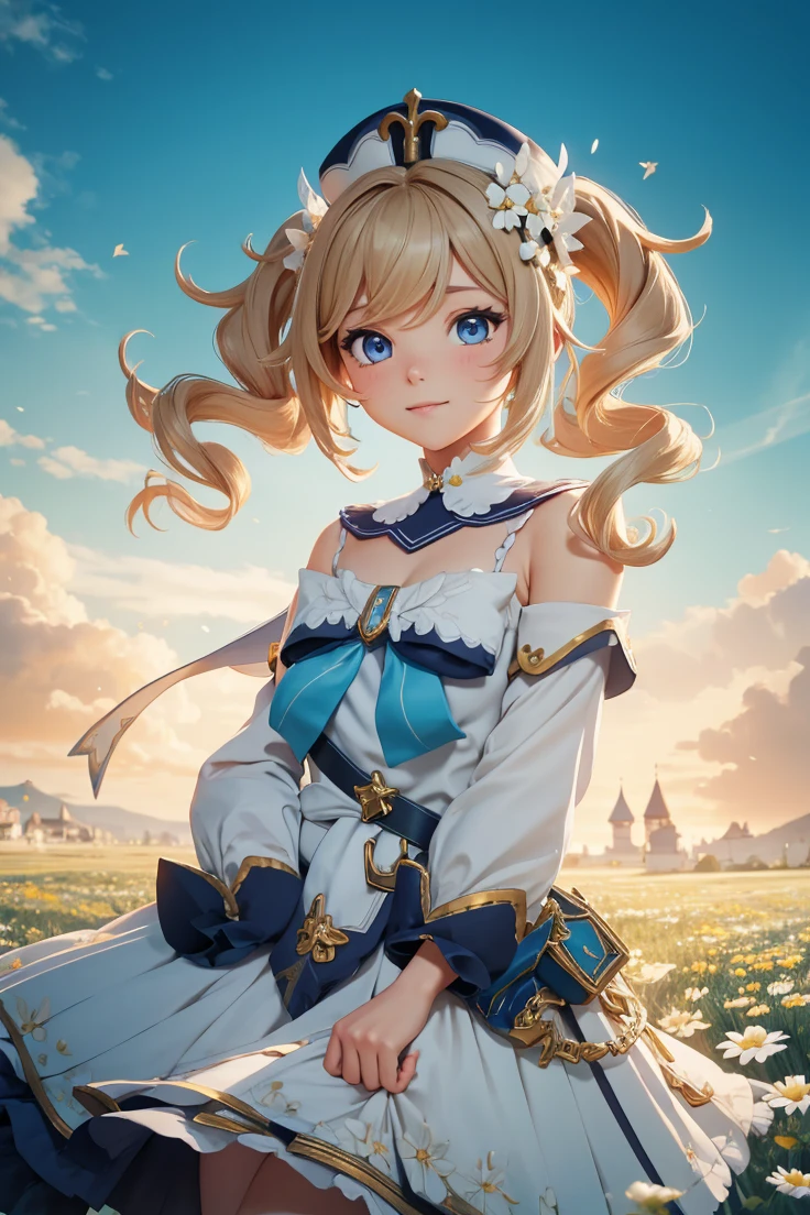 {Charming anime girl with wavy, light brown hair adorned with white floral accessories and a navy blue hat with golden accents, her bright blue eyes sparkle with delight:0.9}, {She wears a whimsical sailor dress in pristine white with navy blue and golden trim, a large bow with a cross motif at the collar, and a decorative blue sash around her waist. The outfit is embellished with intricate gold detailing and small charms, evoking a sense of enchantment:0.8}, [Set against a serene, early evening sky with gentle hues of blue and orange merging at the horizon, over a vibrant meadow blooming with white daisies, creating a peaceful and idyllic setting:0.7}, {The artwork is rendered in a clear and vivid anime style, capturing the soft textures of her hair and the delicate fabric of her dress, while the background blends a painterly touch to emphasize the magical, almost storybook quality of the scene:0.9},
{The overall composition is bright and airy, with a focus on high dynamic range that accentuates the light filtering through her hair and the reflective qualities of her eyes, enhancing the youthful and optimistic aura of the character:0.8}