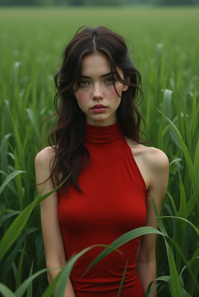 thin woman, dark brown hair, thin lips, Brown eyes, bushy eyebrows, no marked jaw, red high neck dress, in a green field