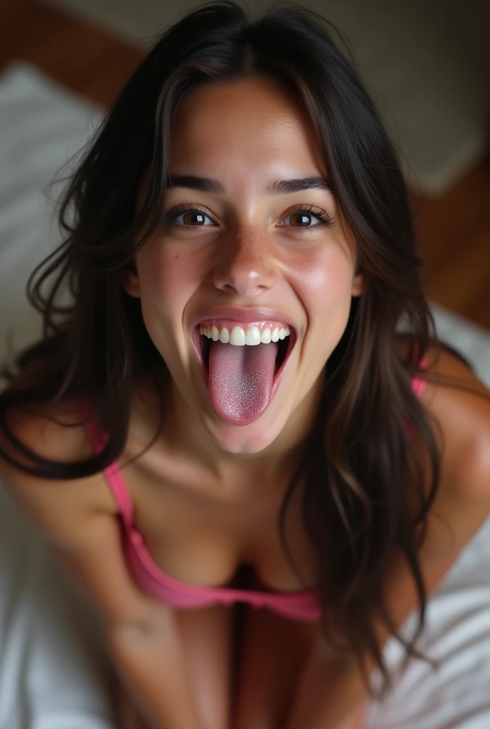 female colombian teen, mouth very wide open and smiling, sugary liquid on tongue, eyes open, long hair, wearing pink lingerie, extreme skin detail, ultra realistic, 8k, wallpaper, kneeling on floor, viewed from above