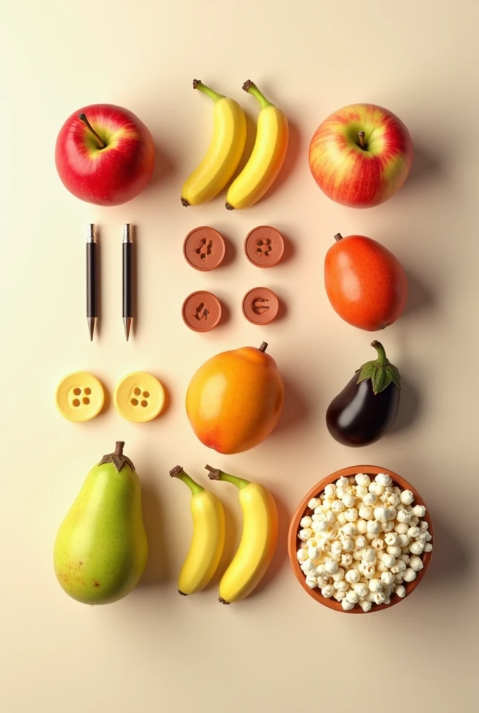 HeyHey create just like the picture  like 2 pens in one row on left side 3 apples in 2nd row on right side 4 almonds in 3rd row on left side 5 bananas in 4th row on right side 6 buttons in 5th row  on left side 7 guavas in 6th row on right side 8 mangoes in 7th row on left side 9 popcorns in 8th row on right side 10 brinjals in 9th row on left side