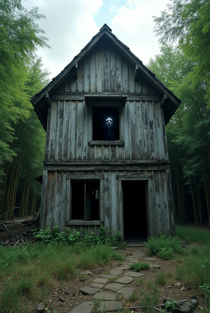 An abandoned house, all destroyed. with bamboo plantation at the back of the house. And a ghost looking out, in one of the windows.