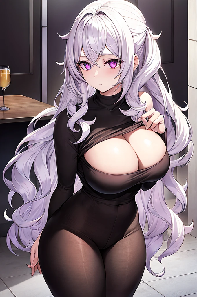 A girl, she has pale skin, pale skin, curly and voluminous hair, messy hair, bangs in her hair, white hair, big and lilac eyes, lilac and heart-shaped pupils , she has dark circles under her eyes, she is wearing a wine-colored wool sweater with a goal covering her neck , she is wearing tight black pants, big breasts, thick thighs, big ass