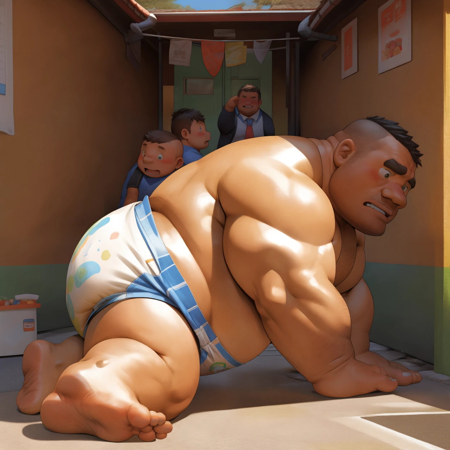 masterpiece, Top quality, in 32K, perfect anatomy, hyper detailed, super fine illustration, The thick man is a brutal retarded prisoner, hairy human, 50yo in Japan, (fatness: 1.0), Fatty muscle, Bowleg, disappointment, incontinent, shy, sissy, Weaker than children, Drool, Round face, be diaper check by children, waddle, There is a small puddle under him, incontinent, Bowleg, spread legs, wear a White cloth Diaper, Bare belly, Bare legs, Bare foots, Bare soles, Shirtless, wide forehead and short thinning hair, Man with round face with stubble, Bare foots, Bare soles, He enters  and is despised by children, He surrounded by children, His bottom is wet, Bare foots, big butt, he is scolded by the children, White Diaper, He surrounded by children, sobbing, wear a White cloth Diaper, shirtless, There is a small puddle under him, He enters nursery school and is despised by children, big butt, sobbing, He crawling to go to children, on all fours, side view