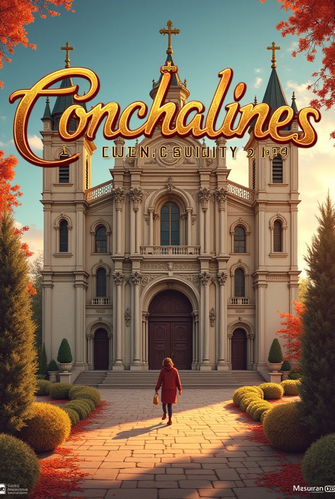 Ok I need you to create a logo that says "Conchalines" as title and subtitle "sowing winter 2024" I need it to include the intense emotions behind the title and also complete Chileans and sopapillas, Also the logo of the Catholic University of Chile and a Catholic church in the background