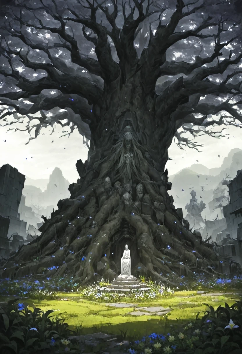 Large sacred tree in the background, sacred statue trapped in the tree between its roots, giant stone monster golem rooted in tree (dreamy landscape), abandoned village, field of flowers, Garden, Raby, brutal violence