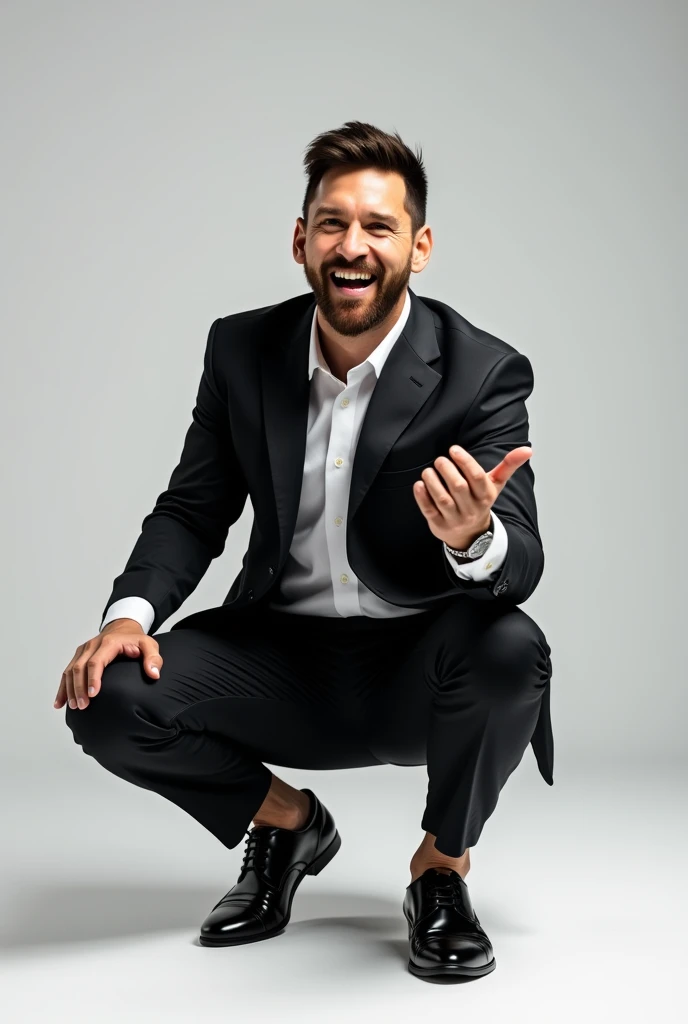 Messi type making a presentation gesture like Will Smith's but crouching but making the gesture to the right and smiling like Will Smith's gesture