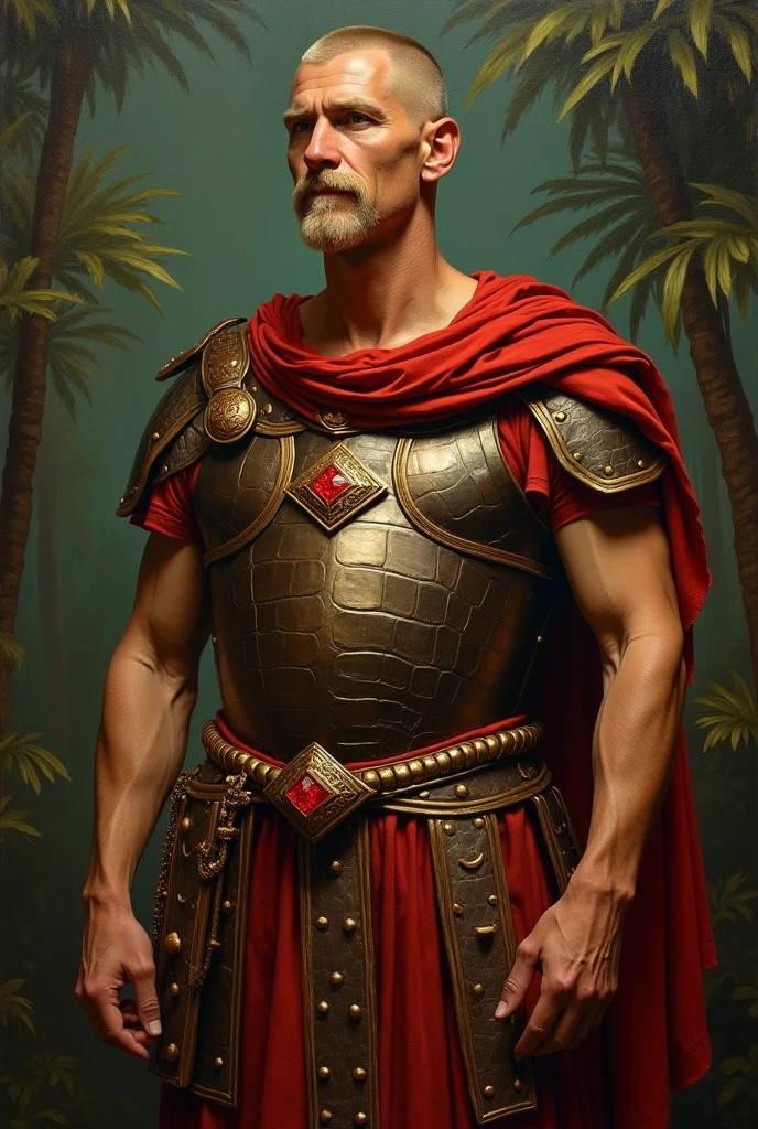 {{Masterpiece, best quality, oil painting, by Gustav Klimt, by Franz von Stuck, by Gustave Moreau, muted colors, male focus}}, (((((dramatic half body portrait of a 40 years old male ancient Roman Emperor, solemn, valiant, tall, upright, brown skin, skinny, blonde, smiling, goatee, buzzcut))))). ((((he is wearing a brown and red, silk, Roman uniform, scale armor lorica, made of sheen alligator leather, with Praetorian inspired elements, ronin inspired elements, wearing a large red diamond shape pendant)))). Tropical Jungle background