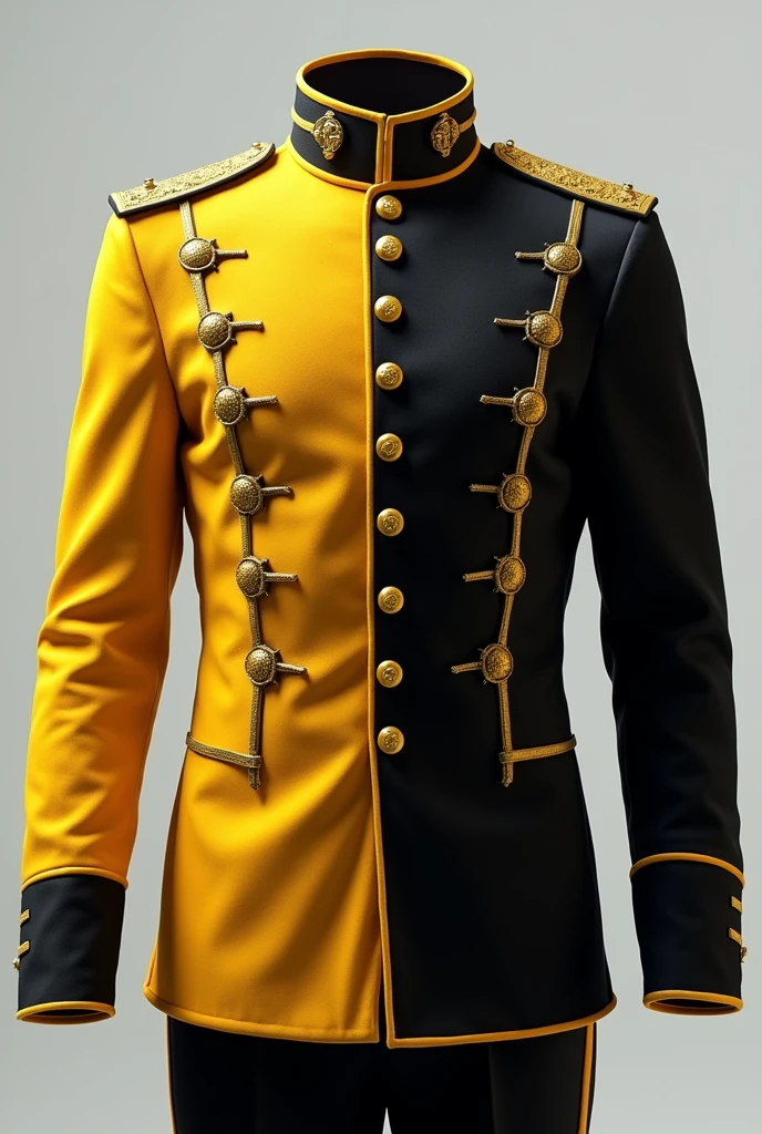 a long-sleeved men&#39;s marching band uniform with one side in yellow and the other in black, with buttons. With detail of the string on the left side. With a high collar and military style design with cuts on the sides of the uniform that hangs outside the pants 