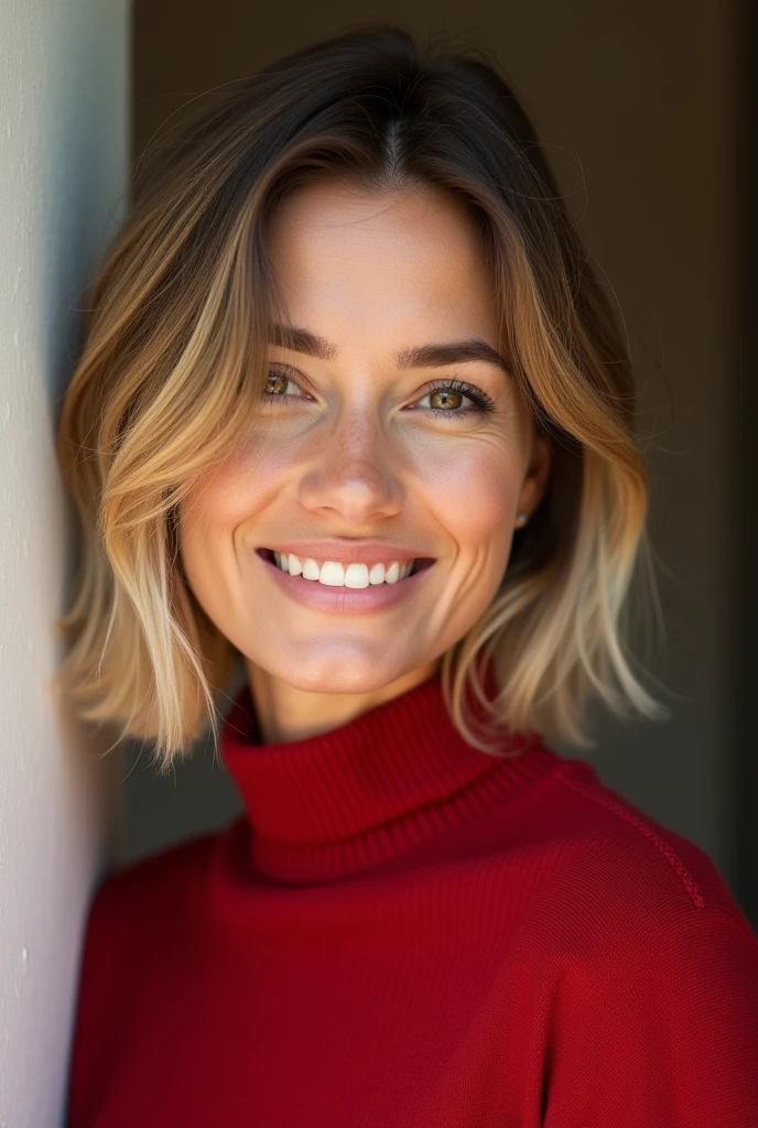 A 39-year-old woman with a young appearance, short hair bob hairstyle, dark blonde hair, Brown eyes, round face shape, semi thick lips, big-eyed but not that much Half-body photography. 

busty, with a red sweater without a turtleneck, the smiling woman. normal neck. 

Brown skin. 

