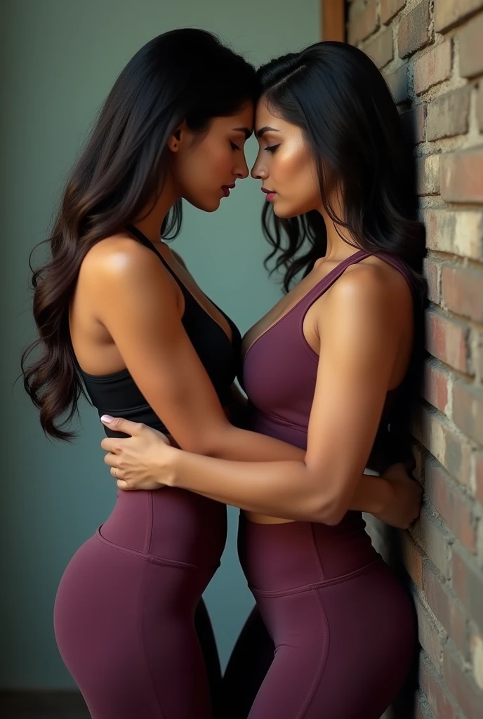 Two beautiful Indian women age 24 years old beautiful Indian face jhanbi kapoor and noora both sexy figure tightt big ass big breast pink lips black eyes detailed clevage show both wearing sexy yoga pants standing in gym both rivals sexfight stare nose to nose angrily each other hugging each other so tightly pushing each other against wall hate look in each other eyes ultra HD 4k max picture 8k picture quality cinamtic picture quality ultra realistic ultra sharpe picture