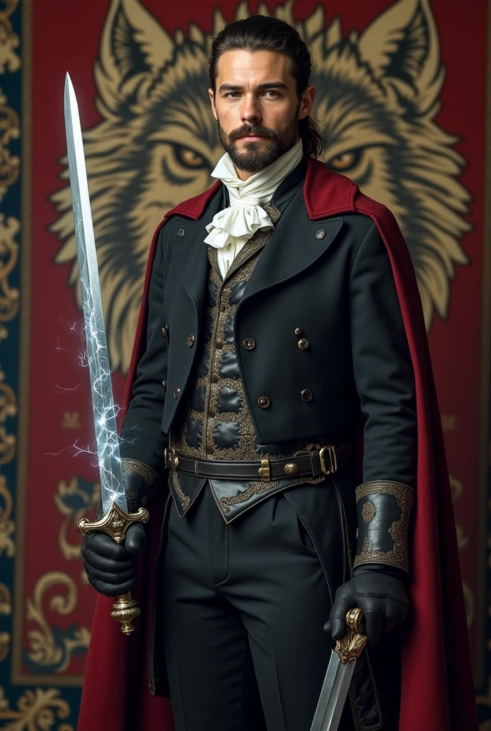 a man in Victorian-era clothing. with goatee and tied hair. holding a saber-type sword with hand guard and a short sword. the swords are magical and a silver thread of electricity runs through the blade. the man appears to be a fast and skilled warrior. a sword in, EVERY HAND. in the background a tapestry with the family coat of arms, which would be two wolf heads facing each other with the letter W in the center. on the blade of the swords runs a silver thread of electricity