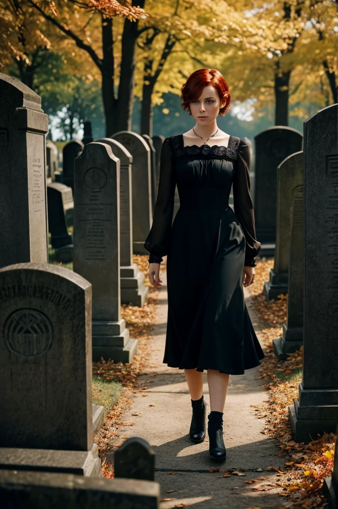 A beautiful short red haired brown eyed woman resembling like a German cinema actress, 21 years old, wearing black funeral dress, sad face, feminist, walking through a graveyard, on autumn day, photorealistic, 8k, highly detailed, dramatic lighting, cinematic composition, elegant fashion, glamorous, intricate details, hyper realistic