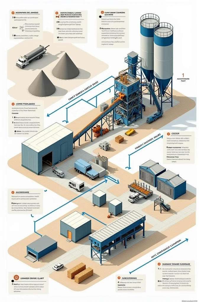 Create a mnemonic diagram of a concrete plant. The diagram should show the key elements and processes of the plant..Raw materials:Silos for storing cement.Sand and gravel storage.Manufacturing processes:Mixing unit: designate the working elements and mechanisms for mixing the components.Concrete mixers: indicate their location and connection to the mixing unit.Production lines:Concrete preparation line: show the stages and equipment.Line for packaging and shipping finished products.Control and management:Operational control panel: place for monitoring and managing processes.Additional elements:Finished product storage areas.Entry and exit for delivery of raw materials and shipment of products.Mark the connections between elements with arrows, indicating the flow of materials and information. Use different colors to make the diagram clear and distinct..