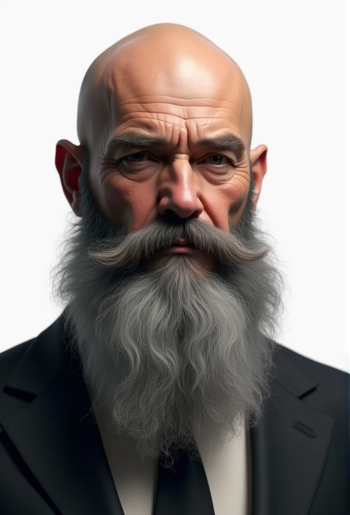 50 year old man 120kg. ultra realistic. 4K. bald. Barbu et moustache. Barbe grisonnante 30 cm long et moustache courte. Well dressed. white background. head, shoulders and torso. 