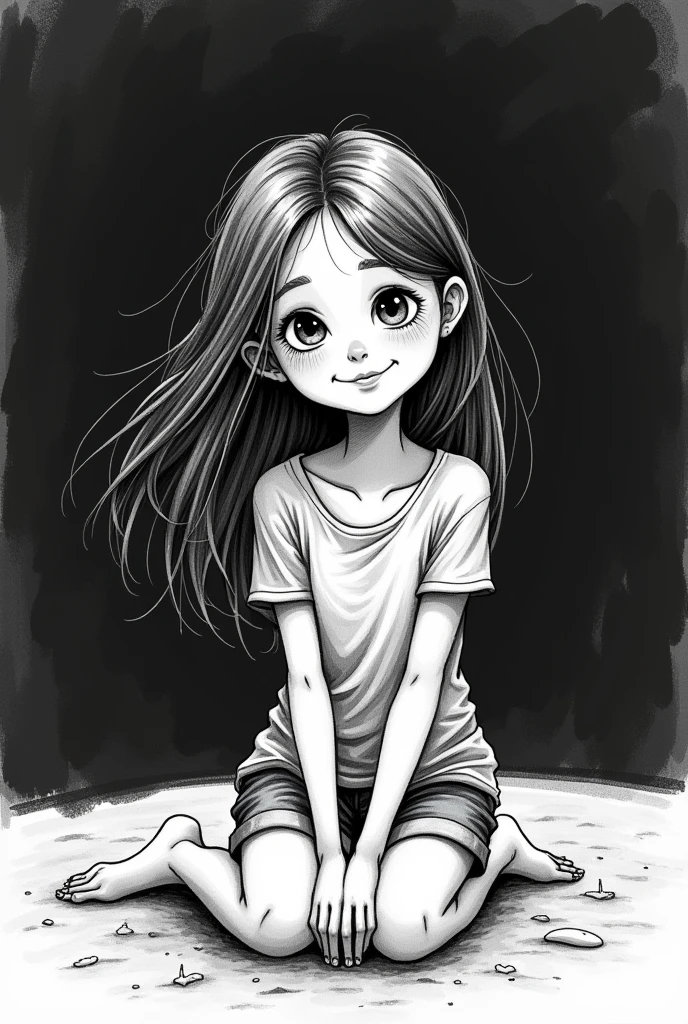 girl dark monochrome black background rough sketch flat quality diverse lines explaining fig pencil can eraser desk cartoon journal, happy girl, beach, kneeling, spread legs, ass, soles, toes, monochrome sketch