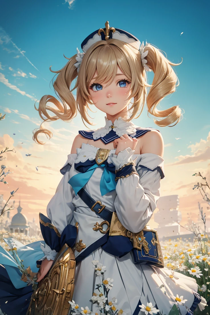 {Charming anime girl with wavy, light brown hair adorned with white floral accessories and a navy blue hat with golden accents, her bright blue eyes sparkle with delight:0.9}, {She wears a whimsical sailor dress in pristine white with navy blue and golden trim, a large bow with a cross motif at the collar, and a decorative blue sash around her waist. The outfit is embellished with intricate gold detailing and small charms, evoking a sense of enchantment:0.8}, [Set against a serene, early evening sky with gentle hues of blue and orange merging at the horizon, over a vibrant meadow blooming with white daisies, creating a peaceful and idyllic setting:0.7}, {The artwork is rendered in a clear and vivid anime style, capturing the soft textures of her hair and the delicate fabric of her dress, while the background blends a painterly touch to emphasize the magical, almost storybook quality of the scene:0.9},
{The overall composition is bright and airy, with a focus on high dynamic range that accentuates the light filtering through her hair and the reflective qualities of her eyes, enhancing the youthful and optimistic aura of the character:0.8}