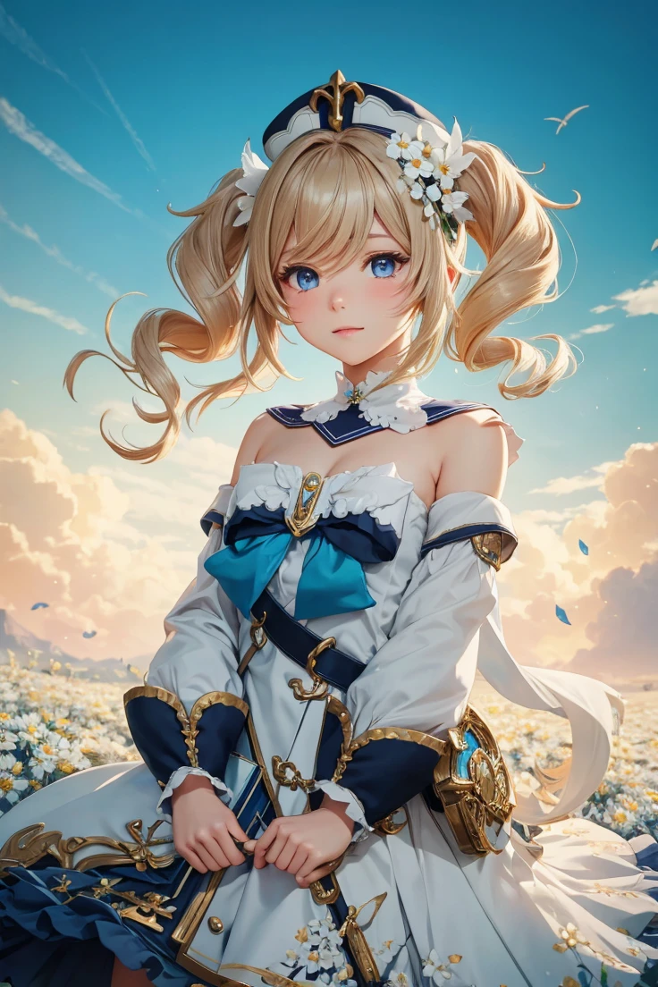 {Charming anime girl with wavy, light brown hair adorned with white floral accessories and a navy blue hat with golden accents, her bright blue eyes sparkle with delight:0.9}, {She wears a whimsical sailor dress in pristine white with navy blue and golden trim, a large bow with a cross motif at the collar, and a decorative blue sash around her waist. The outfit is embellished with intricate gold detailing and small charms, evoking a sense of enchantment:0.8}, [Set against a serene, early evening sky with gentle hues of blue and orange merging at the horizon, over a vibrant meadow blooming with white daisies, creating a peaceful and idyllic setting:0.7}, {The artwork is rendered in a clear and vivid anime style, capturing the soft textures of her hair and the delicate fabric of her dress, while the background blends a painterly touch to emphasize the magical, almost storybook quality of the scene:0.9},
{The overall composition is bright and airy, with a focus on high dynamic range that accentuates the light filtering through her hair and the reflective qualities of her eyes, enhancing the youthful and optimistic aura of the character:0.8}