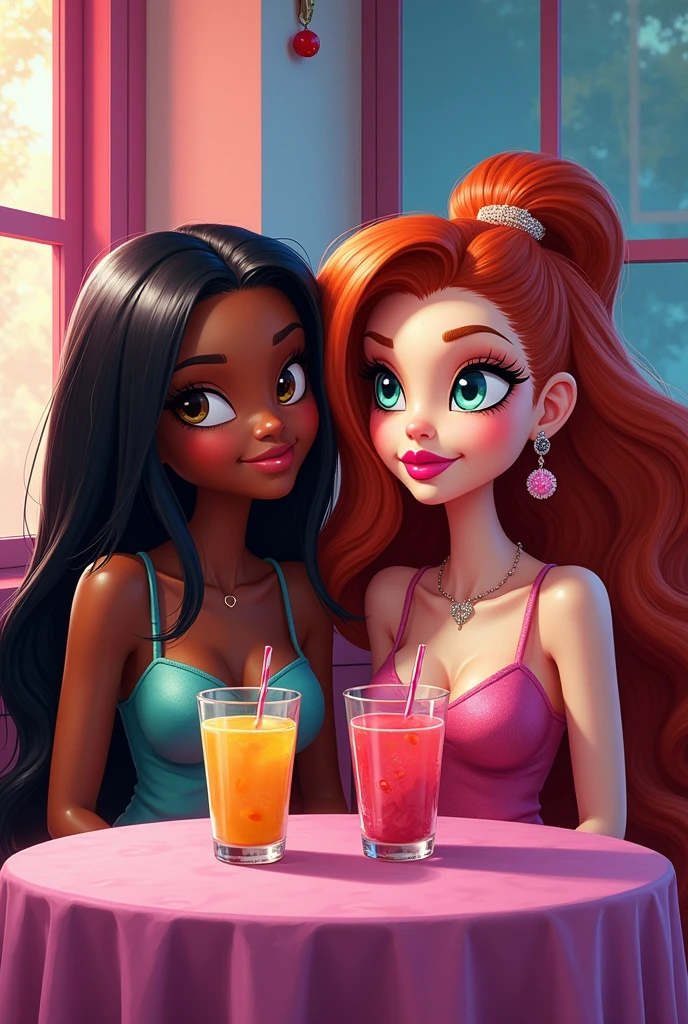 A painting, in the Bratz aesthetic. Two friens, being the first a black girl with straight and long hair, little and slanded eyes, and a second a white girl with curly and coppery hair, big and almond-shape eyes and pink mouth. In the restaurant, sitting and talking with drinks in the table.