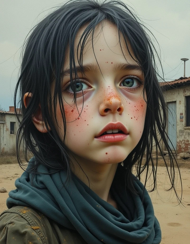 (((Highly detailed oil painting of a desolate)))  and weary girl with worn out facial features, in the style of Bill  Carman, Richard Burlet, Brian M. Viveros, Cyril Rolando, featuring  double exposure with an old and poor town,  dehazed, sharp  focus, HDR, highly detailed texture and patterns, alcohol ink  splatters, luminism, faded and muted triadic colors, perfect curved line  composition, divine proportions, cinematic, 32k, volumetric lighting,  shadow and light, watercolor, trending on artstation, sharp focus,  studio photo, intricate details, highly detailed, by Greg Rutkowski