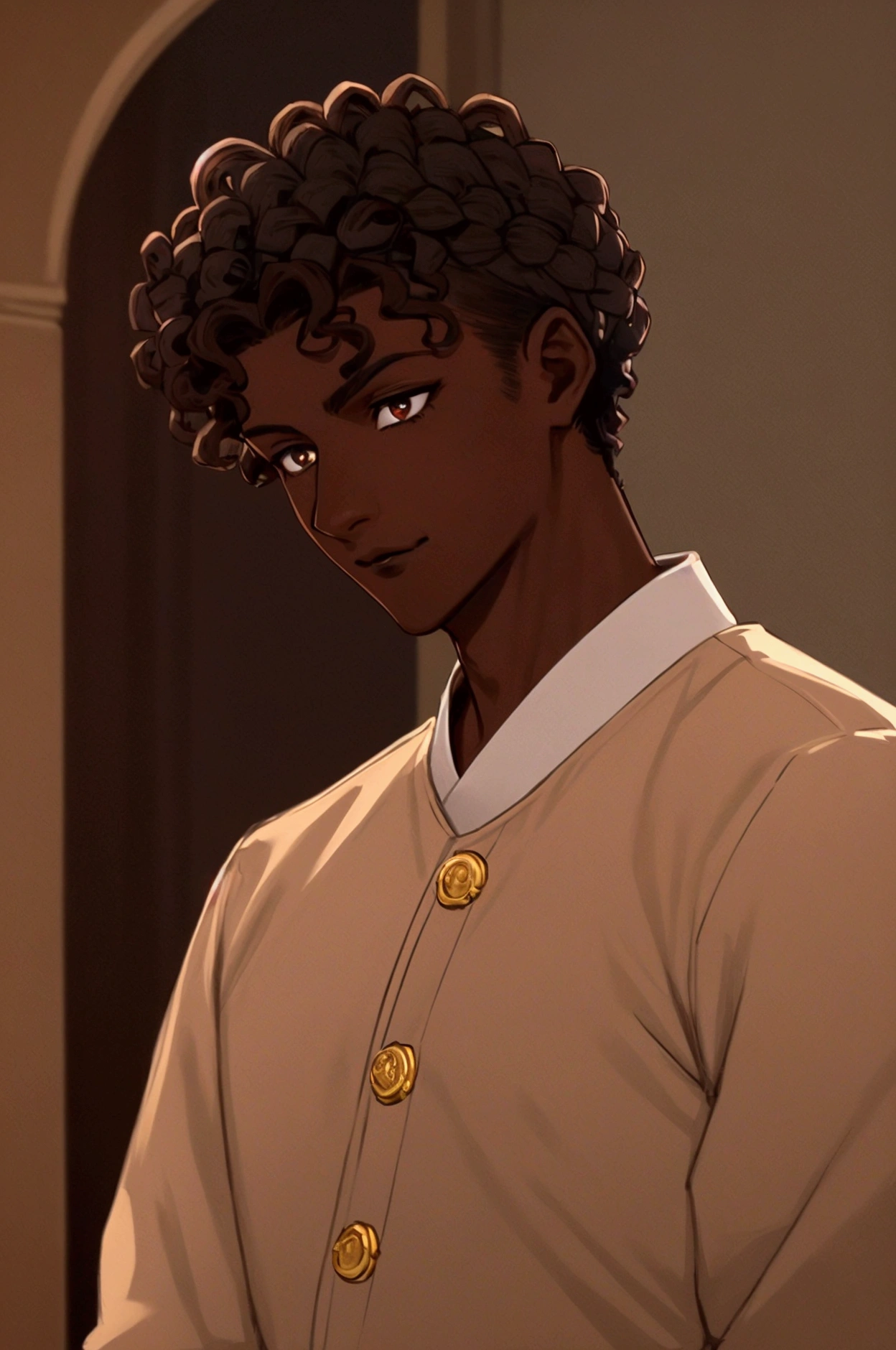 (A Boy:1.5)"Portrait of Koyo, a 16-year-old boy, 1.80 m tall, with (dark brown skin color: 1.5). His eyes are large and expressive, a deep brown tone, with vibrant irises that convey confidence and a hint of arrogance. His nose is slightly rounded at the tip, with subtle nostrils that add a touch of softness to his face. His mouth is well defined, with full lips that outline a confident smile, reflecting his self-centered personality. , frizzy and voluminous, styled in small curls, providing a dynamic and modern appearance. They are tall and black, with gold details and a robust design. The background should be a realistic environment that highlights your imposing presence, such as an ancient palace, lit in a way that highlights your central figure. slight caricature, emphasizing his Afro-descendant and mixed-race facial features in a charming way.