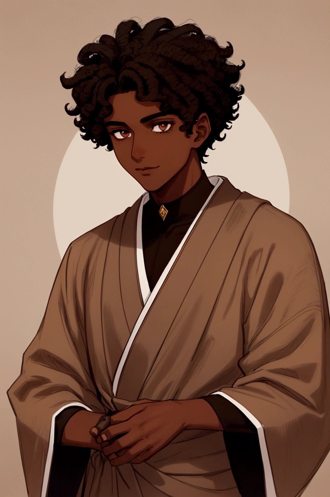 (A Boy:1.5)"Portrait of Koyo, a 16-year-old boy, 1.80 m tall, with (dark brown skin color: 1.5). His eyes are large and expressive, a deep brown tone, with vibrant irises that convey confidence and a hint of arrogance. His nose is slightly rounded at the tip, with subtle nostrils that add a touch of softness to his face. His mouth is well defined, with full lips that outline a confident smile, reflecting his self-centered personality. , frizzy and voluminous, styled in small curls, providing a dynamic and modern appearance. They are tall and black, with gold details and a robust design. The background should be a realistic environment that highlights your imposing presence, such as an ancient palace, lit in a way that highlights your central figure. slight caricature, emphasizing his Afro-descendant and mixed-race facial features in a charming way.