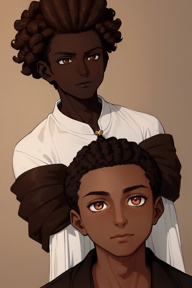 (A Boy:1.5)"Portrait of Koyo, a 16-year-old boy, 1.80 m tall, with (dark brown skin color: 1.5). His eyes are large and expressive, a deep brown tone, with vibrant irises that convey confidence and a hint of arrogance. His nose is slightly rounded at the tip, with subtle nostrils that add a touch of softness to his face. His mouth is well defined, with full lips that outline a confident smile, reflecting his self-centered personality. , frizzy and voluminous, styled in small curls, providing a dynamic and modern appearance. They are tall and black, with gold details and a robust design. The background should be a realistic environment that highlights your imposing presence, such as an ancient palace, lit in a way that highlights your central figure. slight caricature, emphasizing his Afro-descendant and mixed-race facial features in a charming way. 