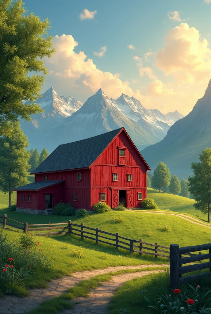 azenda with red barn, green pastures, Fences, mountains in the background and a rising sun