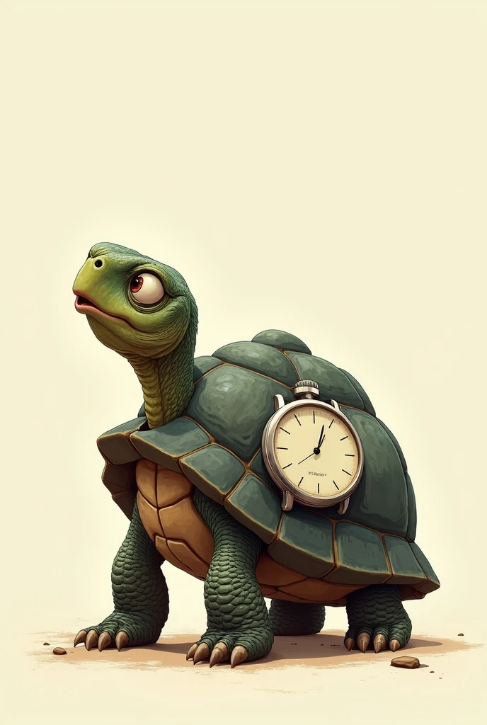 Turtle with a wristwatch on its shell looking back unable to see the time!